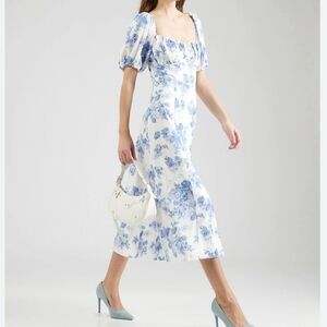 Abercrombie & Fitch puff sleeve ruched bodice midi dress in Blue Sz Large Tall